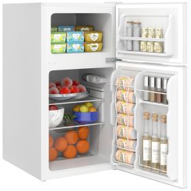 HOMCOM 3.2 Cu.Ft Double Door Mini Fridge with Freezer Adjustable Shelf Thermostat Reversible Door White